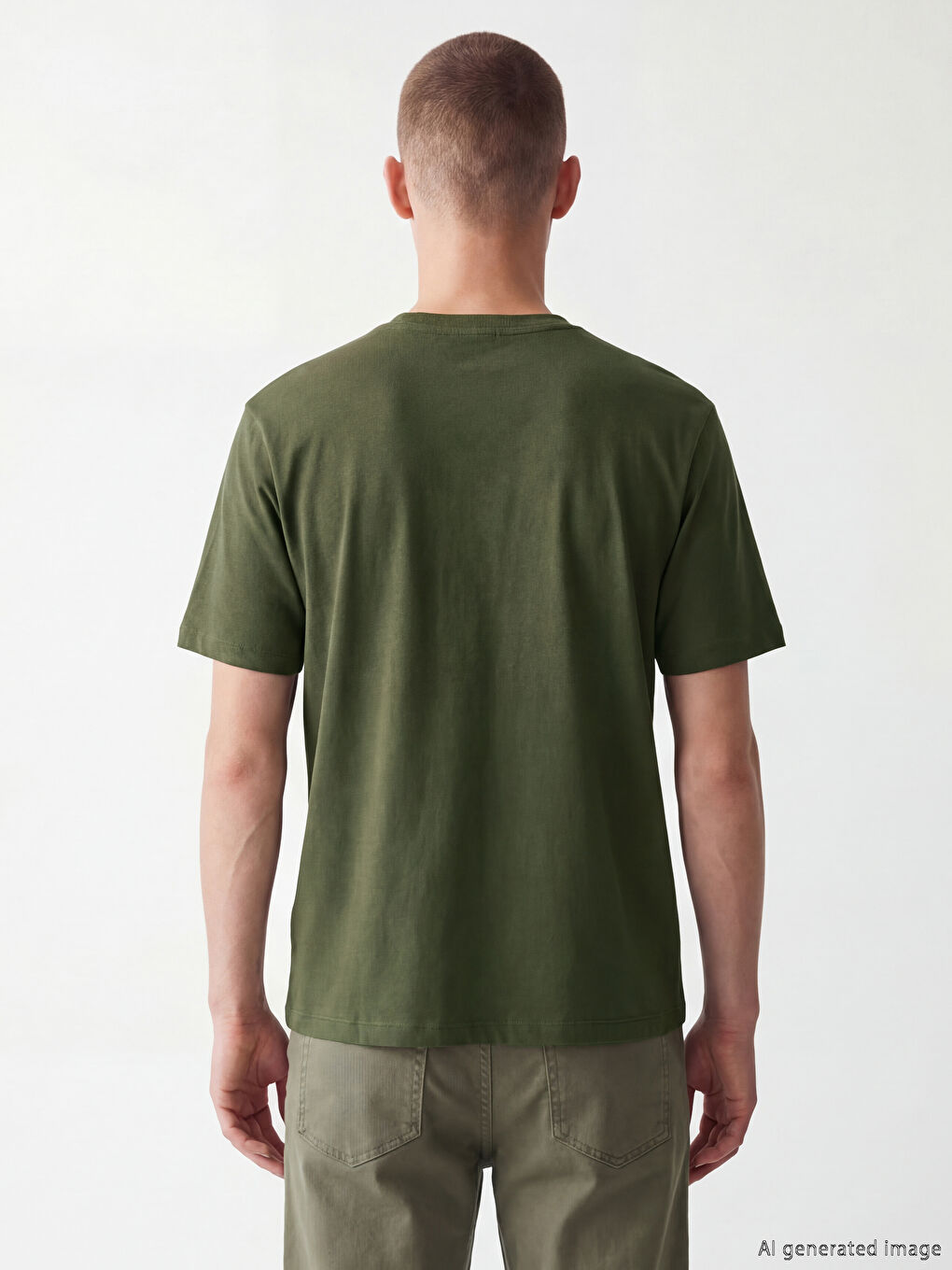 Haki Bisiklet Yaka Baskılı Erkek Tişört-3