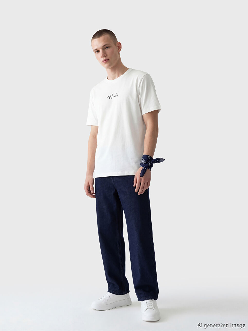 Beyaz  Bisiklet Yaka Baskılı Erkek Tişört-1