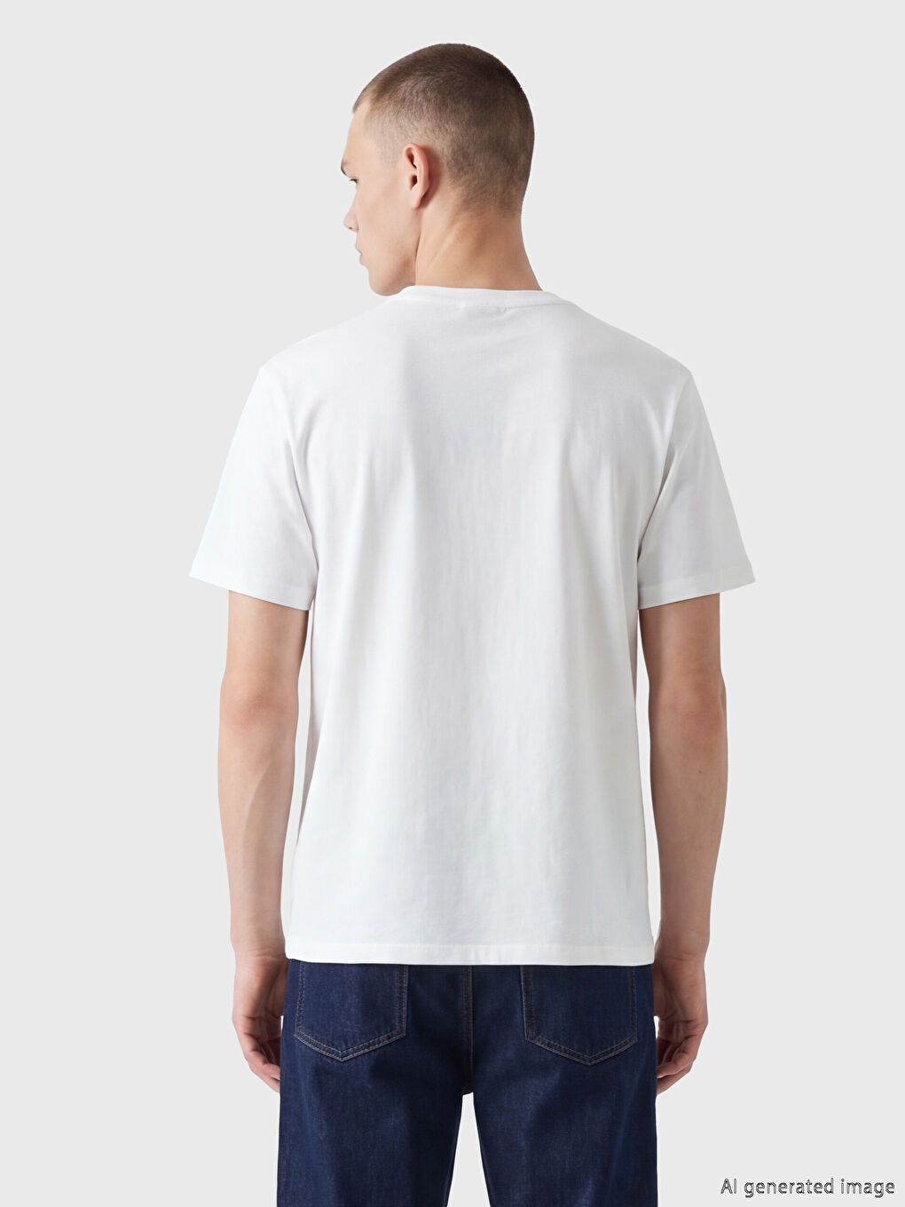 Beyaz  Bisiklet Yaka Baskılı Erkek Tişört-3