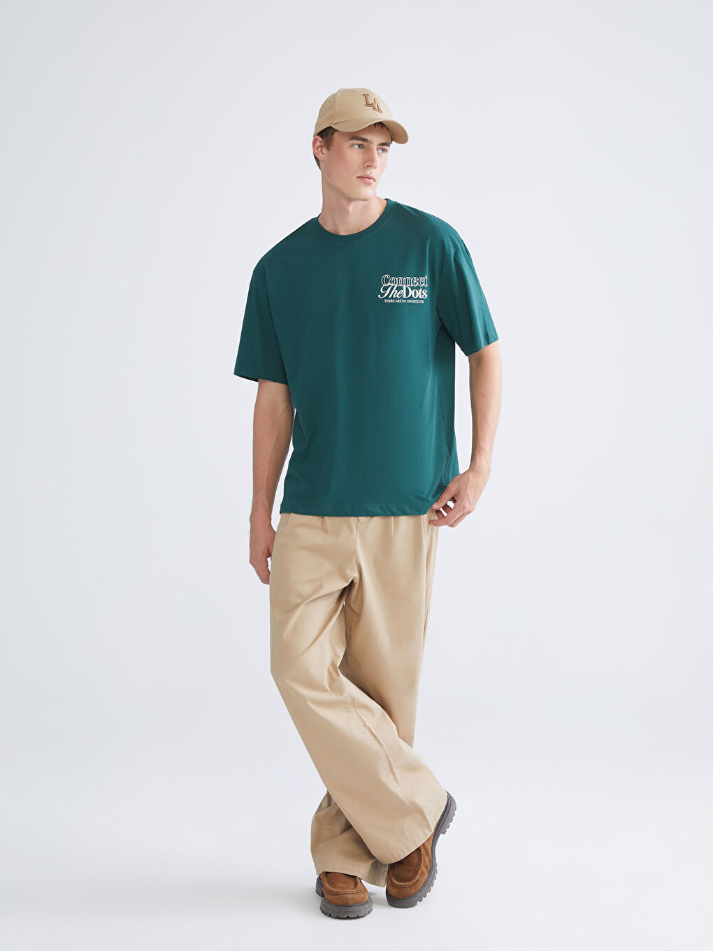 Yeşil Bisiklet Yaka Baskılı Penye Erkek Tişört-1