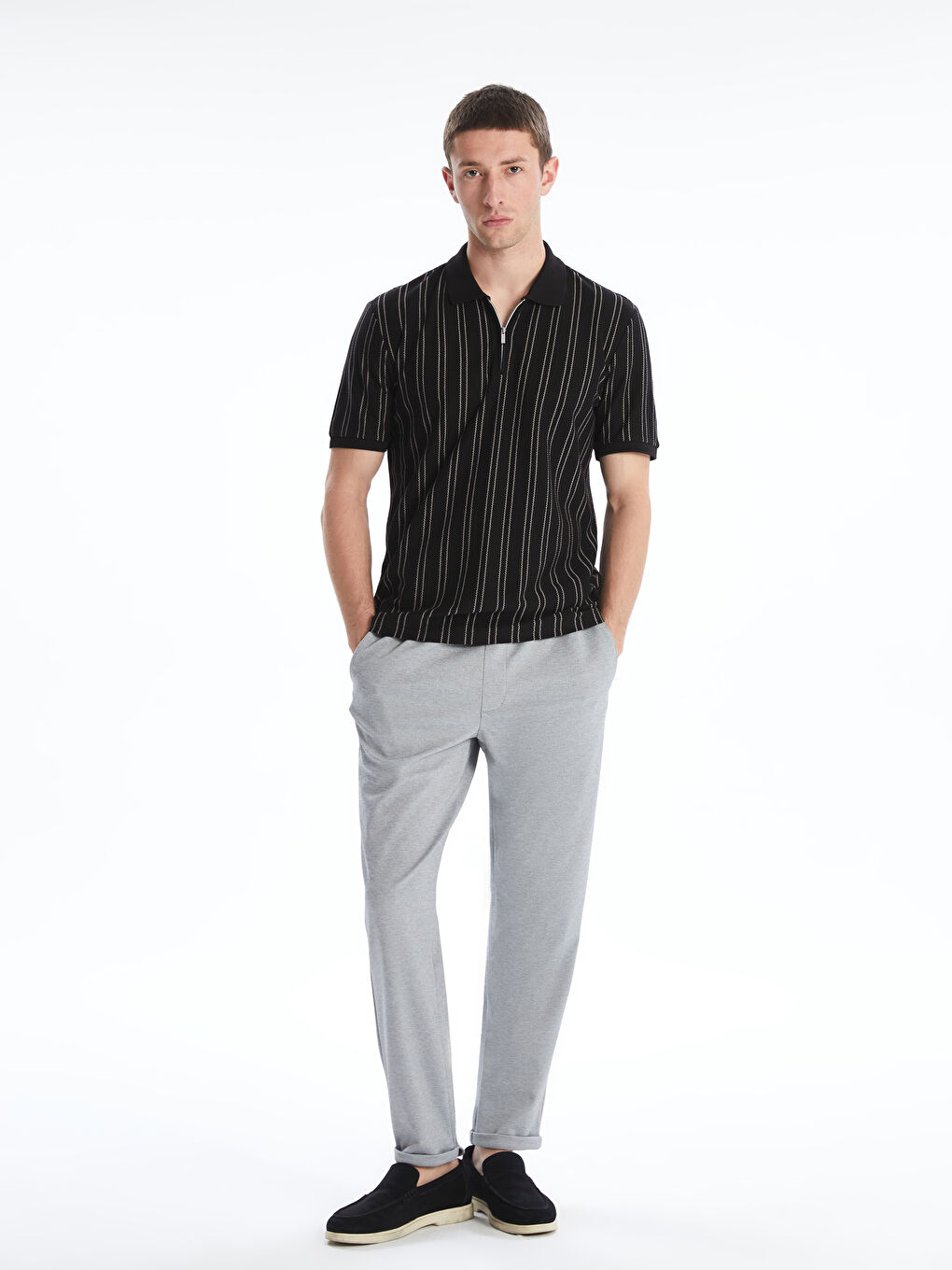 Siyah Polo Yaka Çizgili Erkek Tişört-1