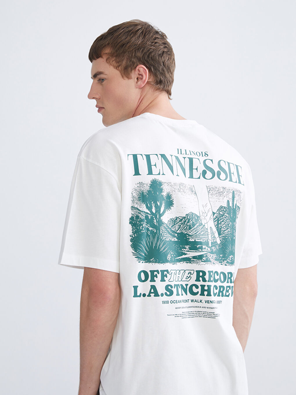 Ekru Bisiklet Yaka Baskılı Penye Erkek Tişört