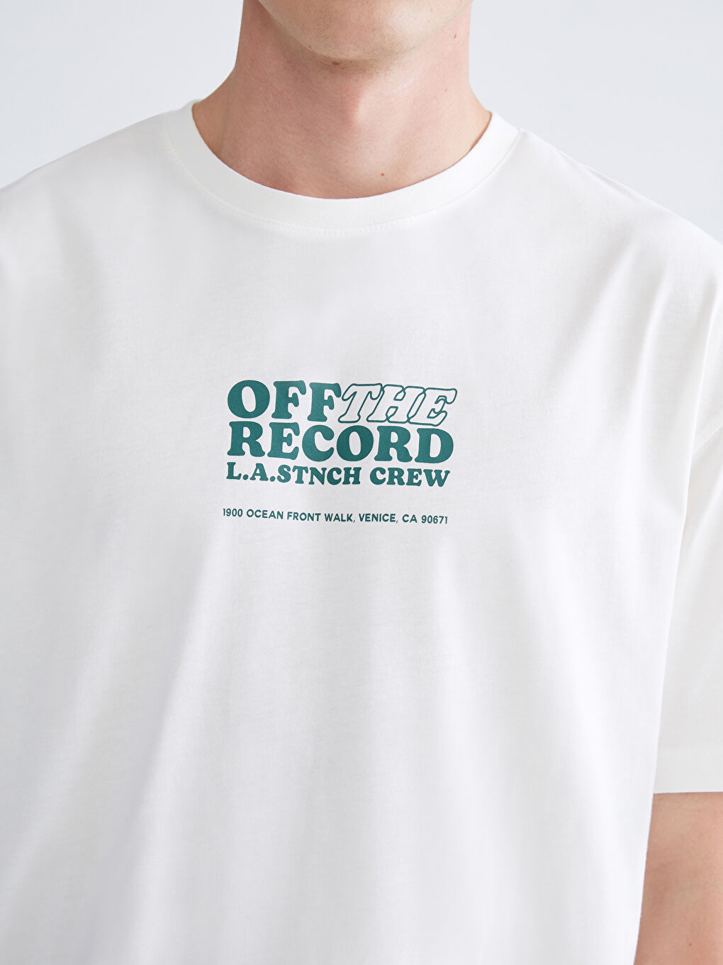 Ekru Bisiklet Yaka Baskılı Penye Erkek Tişört-2