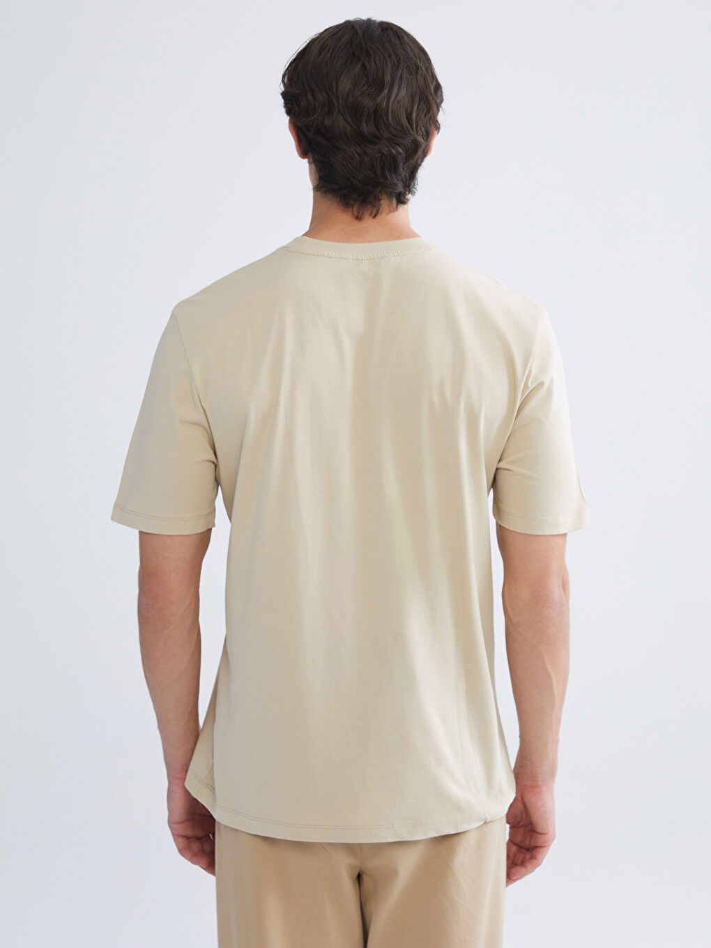 Bej Bisiklet Yaka Baskılı Penye Erkek Tişört-3