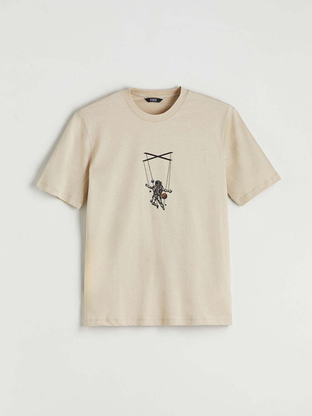 Bej Bisiklet Yaka Baskılı Penye Erkek Tişört-4