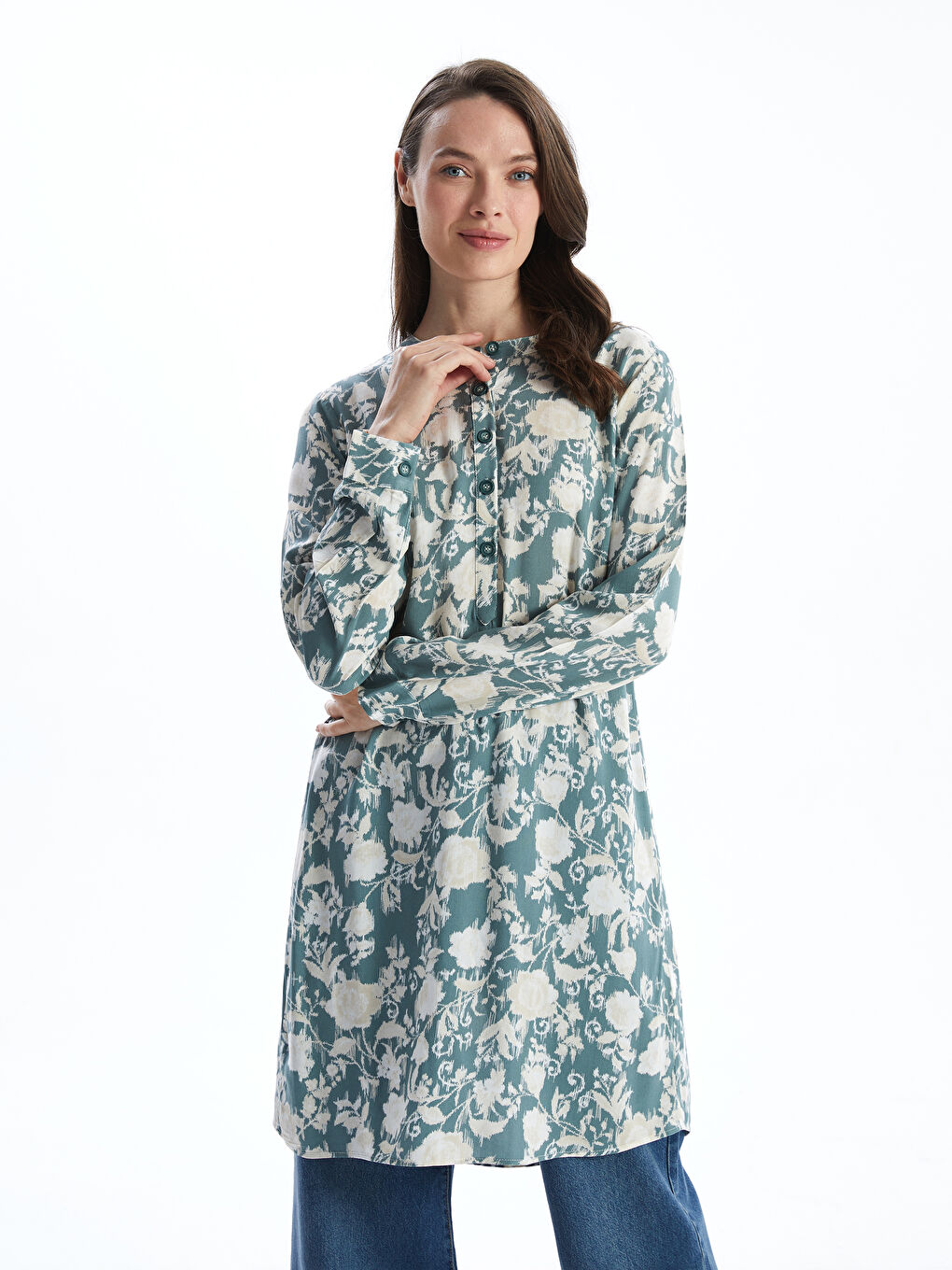 Grandad Collar Patterned Women’S Tunic -S5G050Z8-LRL
