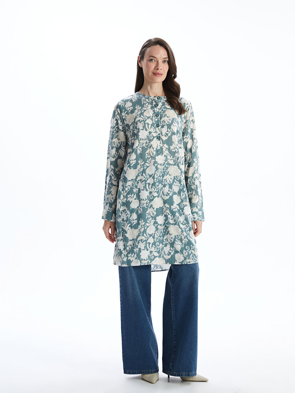 Grandad Collar Patterned Women’S Tunic -S5G050Z8-LRL