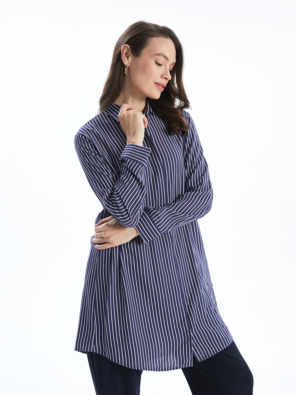 Lacivert Çizgili Poplin Kadın Gömlek Tunik