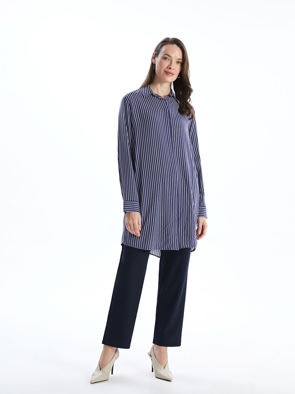 Lacivert Çizgili Poplin Kadın Gömlek Tunik-1