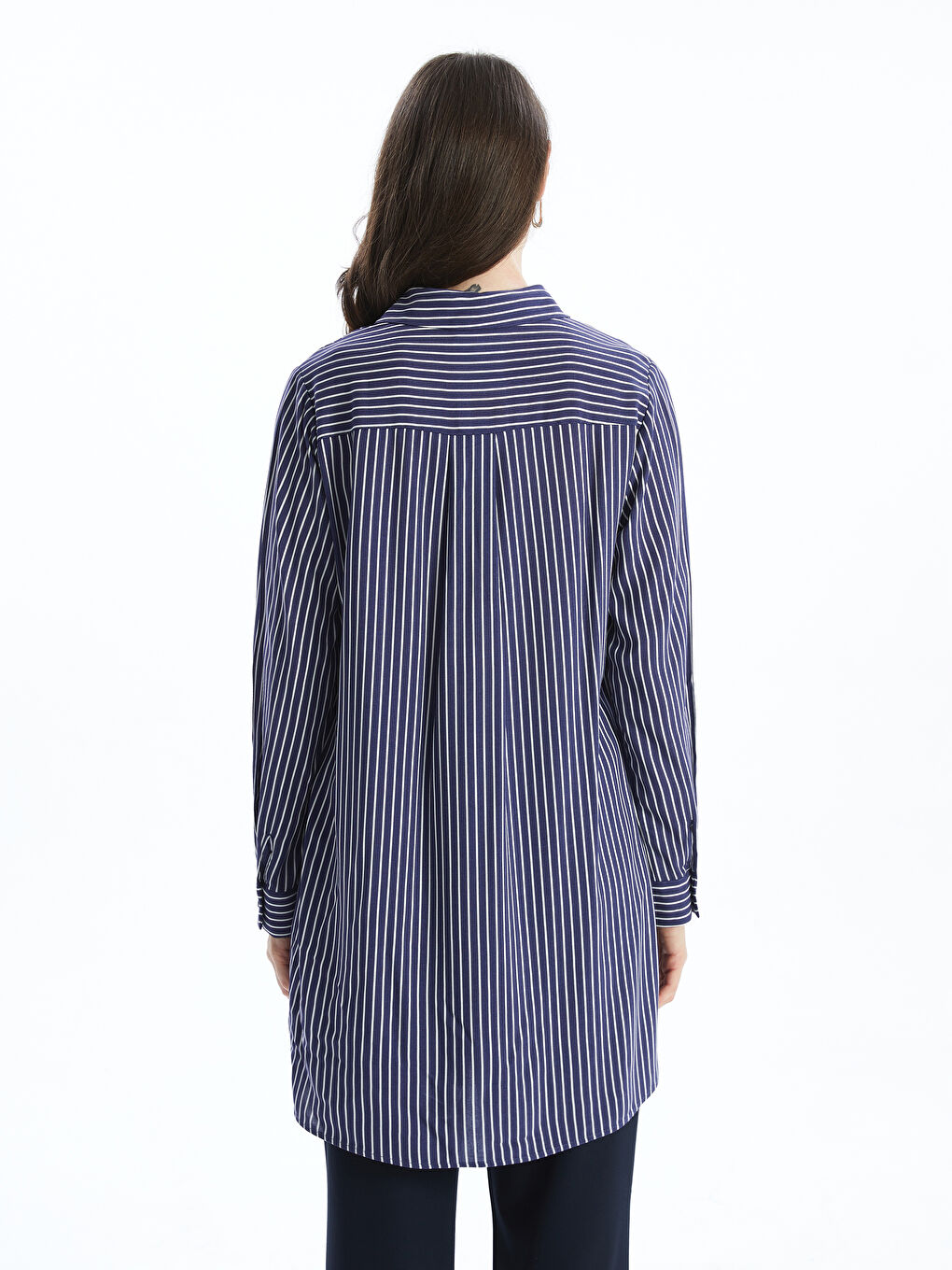 Lacivert Çizgili Poplin Kadın Gömlek Tunik-3