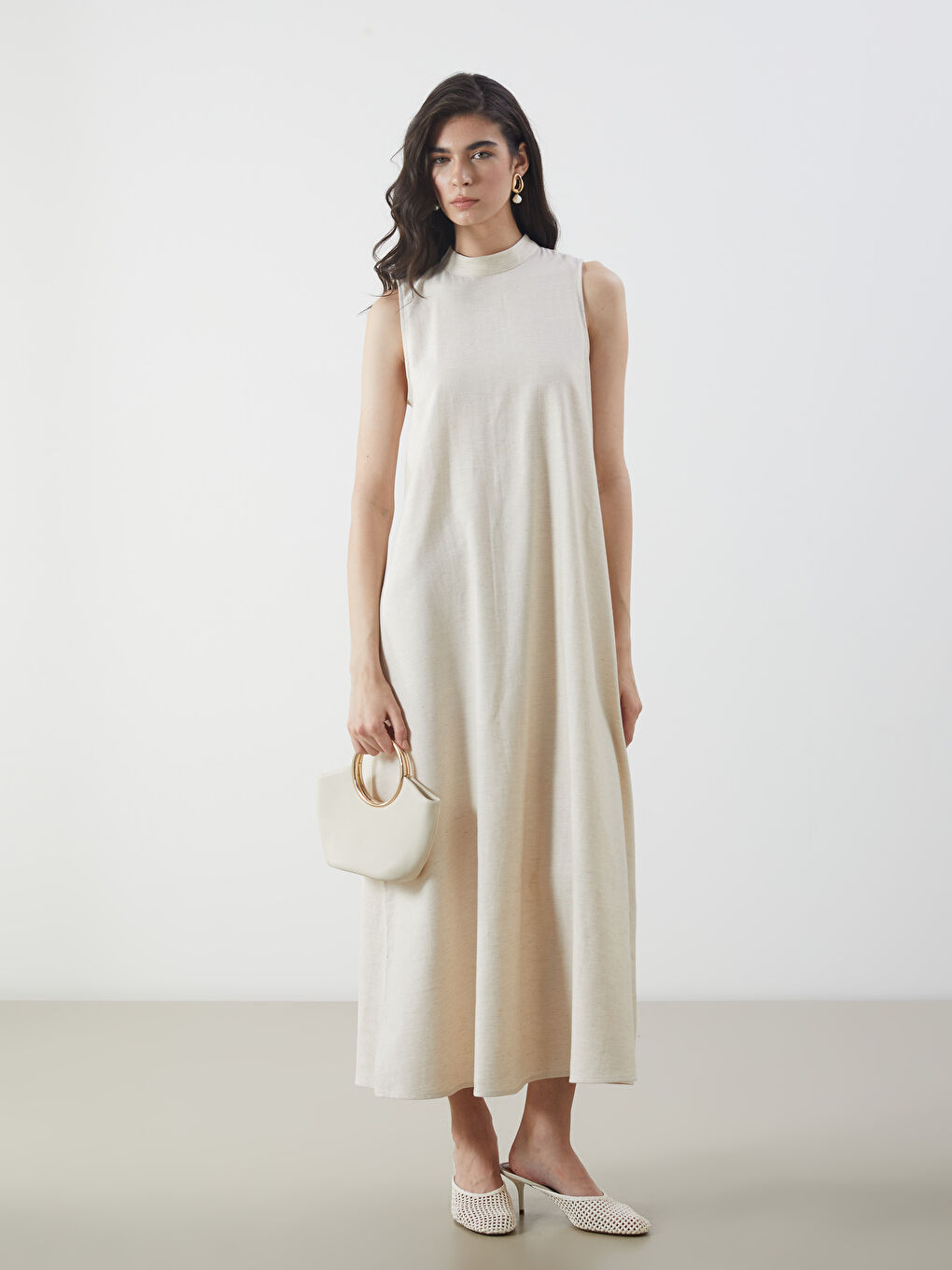 Ekru Dik Yaka  A Kesim Keten Karışımlı Elbise-1