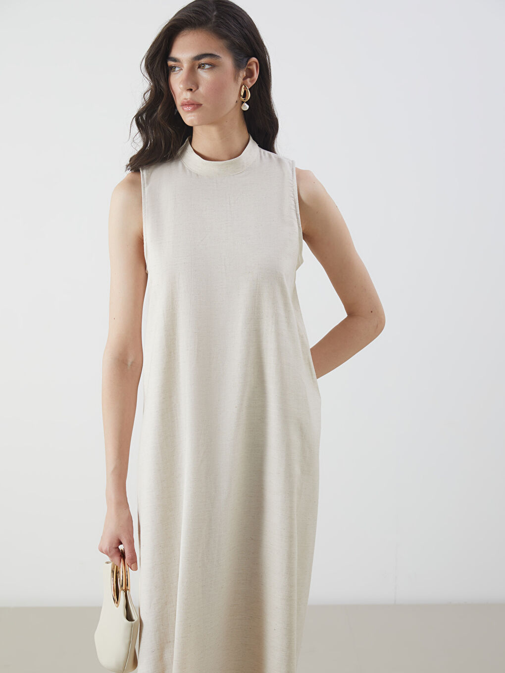 Ekru Dik Yaka  A Kesim Keten Karışımlı Elbise-2