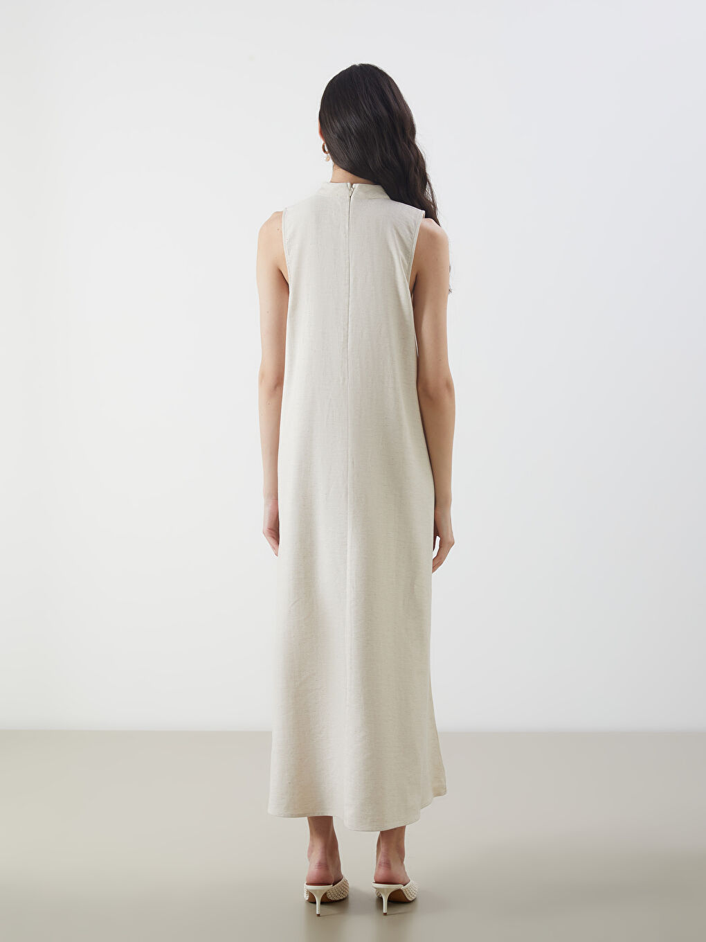 Ekru Dik Yaka  A Kesim Keten Karışımlı Elbise-4