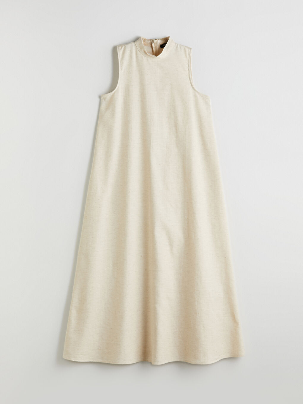 Ekru Dik Yaka  A Kesim Keten Karışımlı Elbise-5