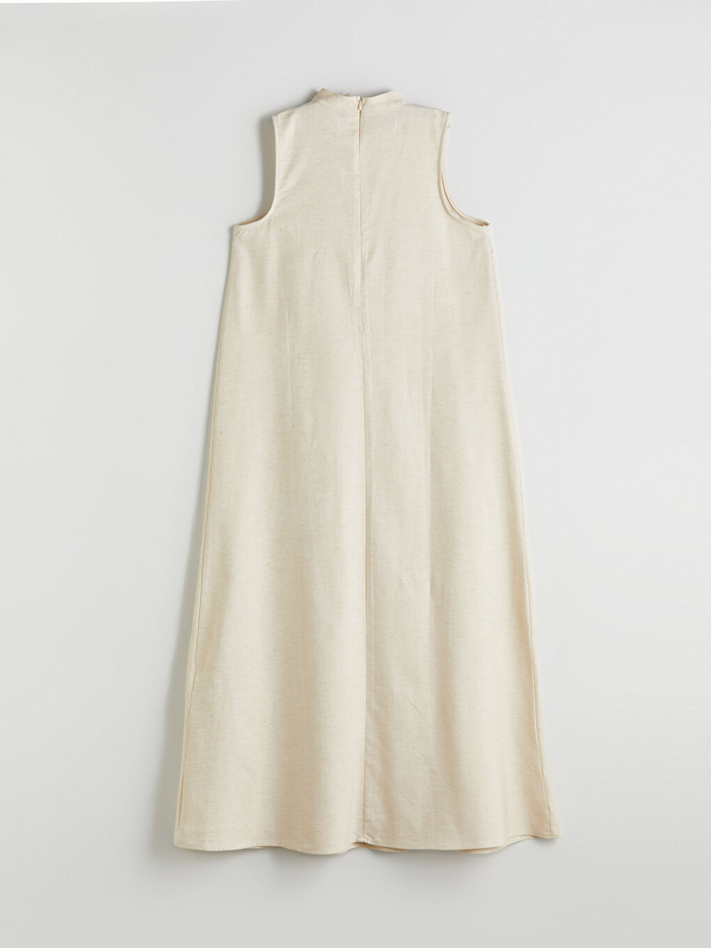 Ekru Dik Yaka  A Kesim Keten Karışımlı Elbise-6