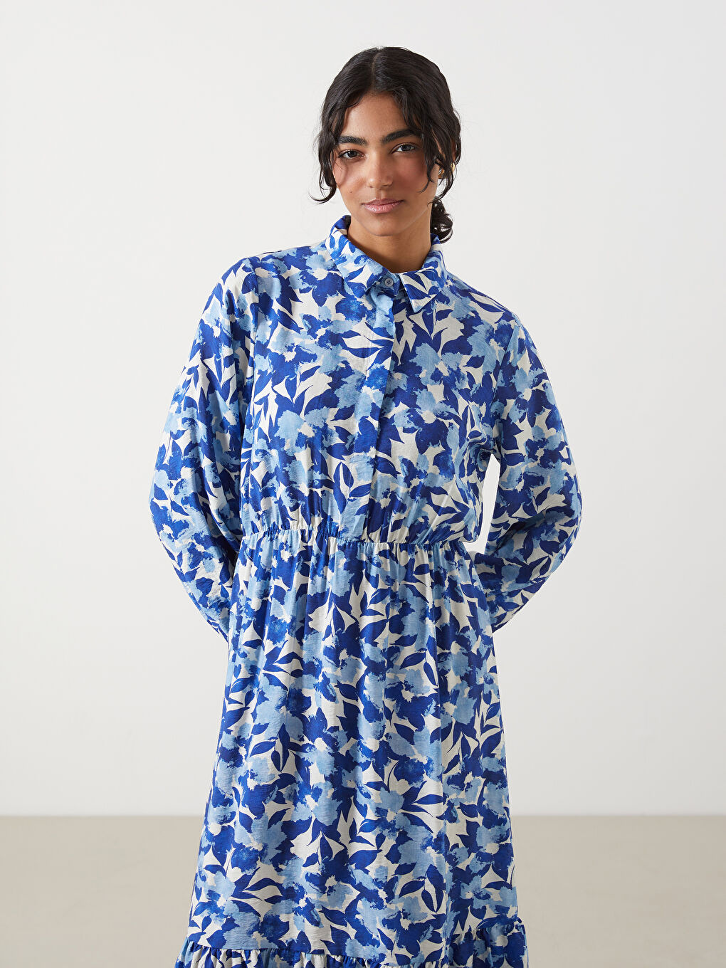 Mavi Gömlek Yaka Desenli Elbise-1