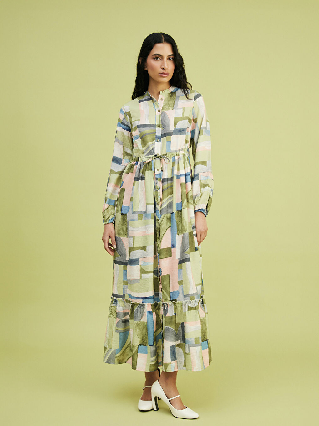 Grandad Collar Patterned Women'S Shirt Dress -S5G106Z8-LRR