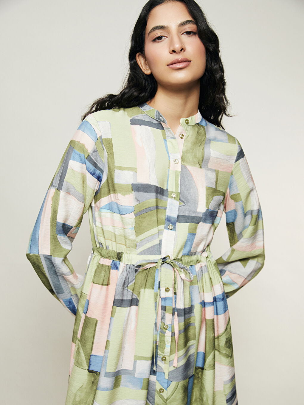 Grandad Collar Patterned Women'S Shirt Dress -S5G106Z8-LRR