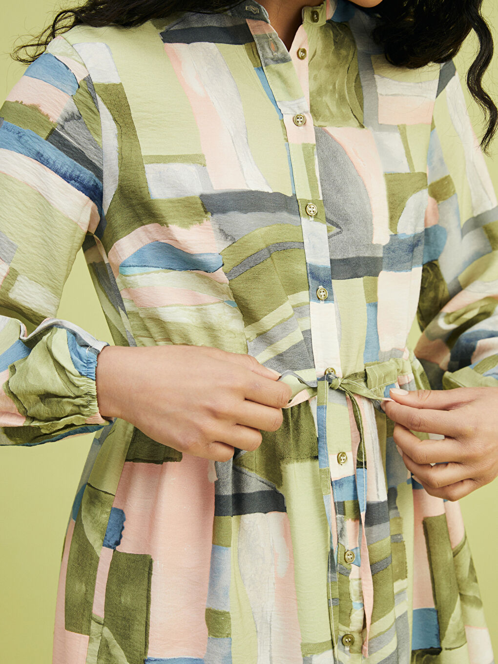 Grandad Collar Patterned Women'S Shirt Dress -S5G106Z8-LRR