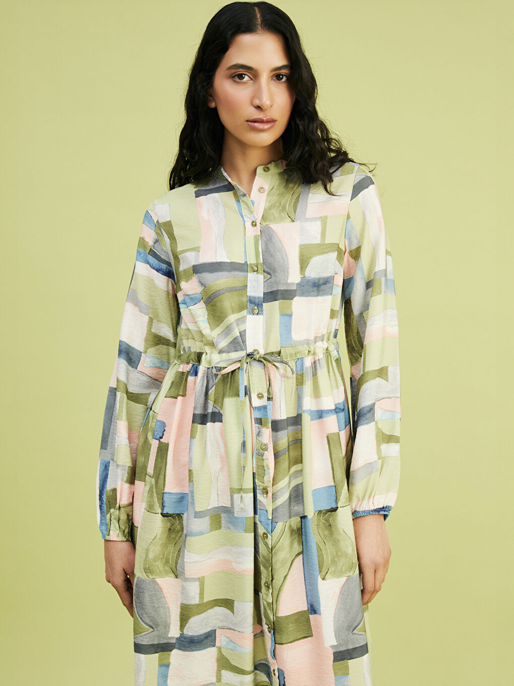 Grandad Collar Patterned Women'S Shirt Dress -S5G106Z8-LRR
