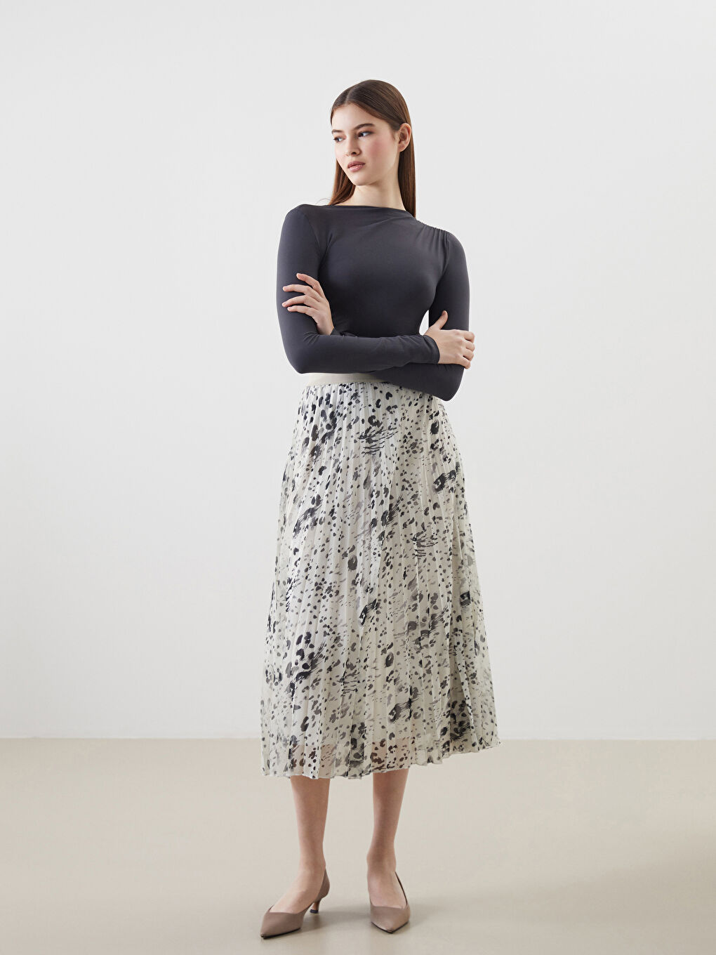 Elastic Waist Patterned Chiffon Women's Pleated Skirt -S5G115Z8-LQA