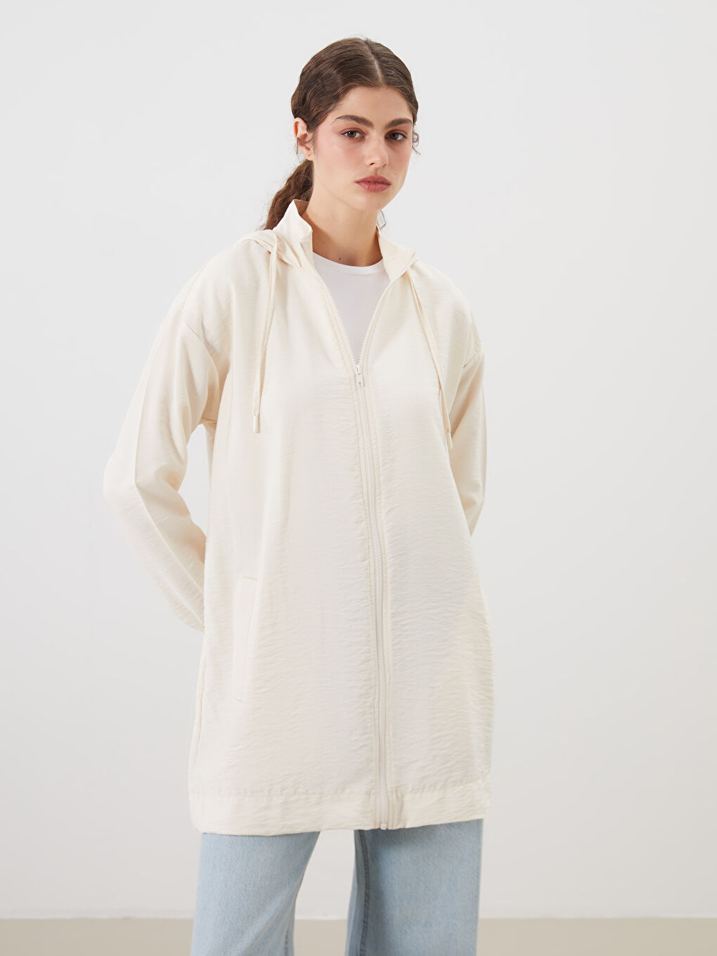 Bej Kapüşonlu Düz Oversize Kadın Tunik