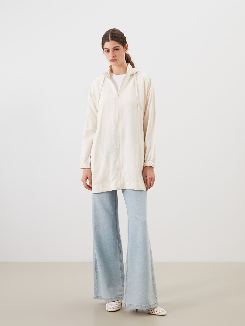 Bej Kapüşonlu Düz Oversize Kadın Tunik-1