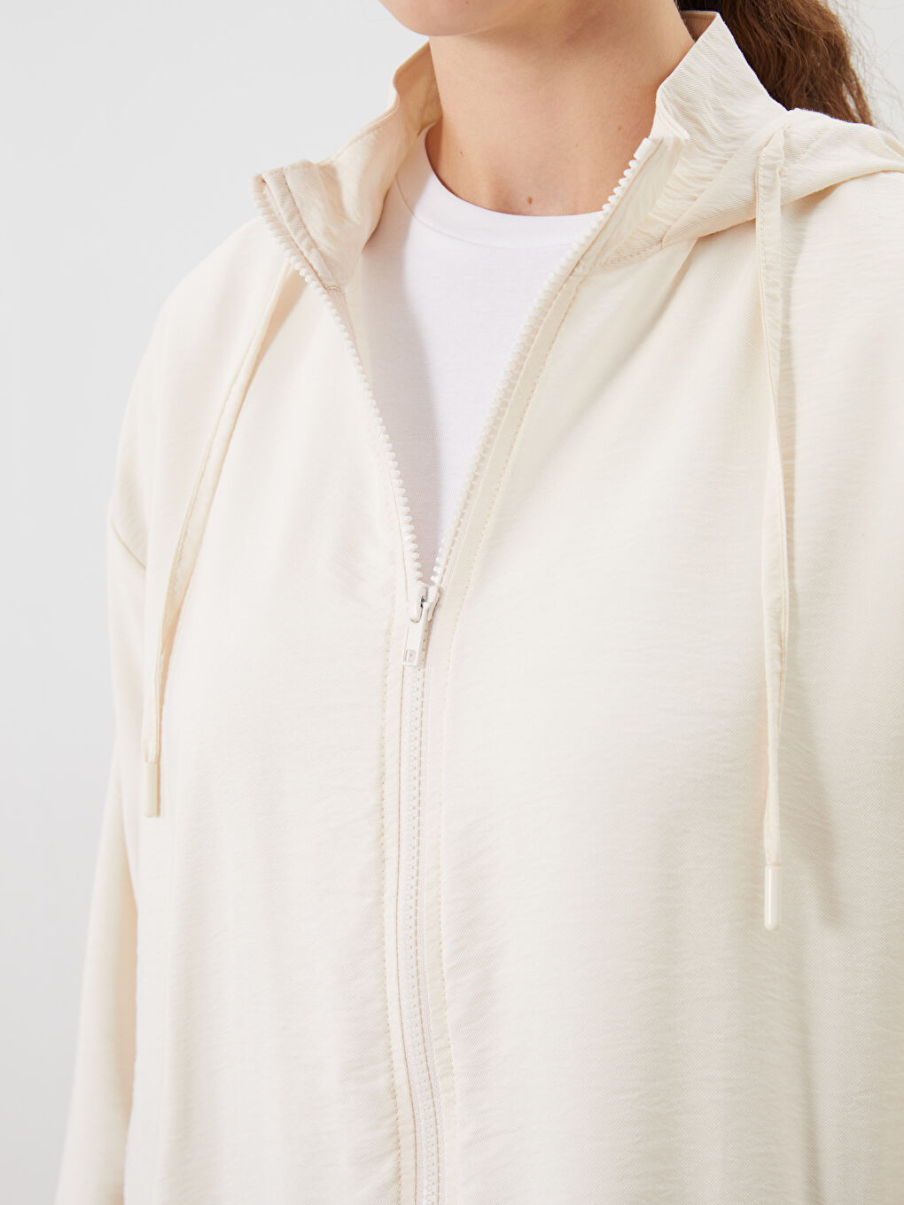 Bej Kapüşonlu Düz Oversize Kadın Tunik-2