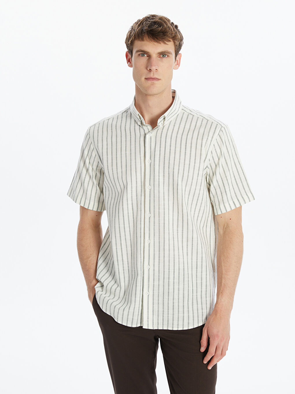 Regular Fit Short Sleeve Striped Poplin Men's Shirt -S5G177Z8-LGE