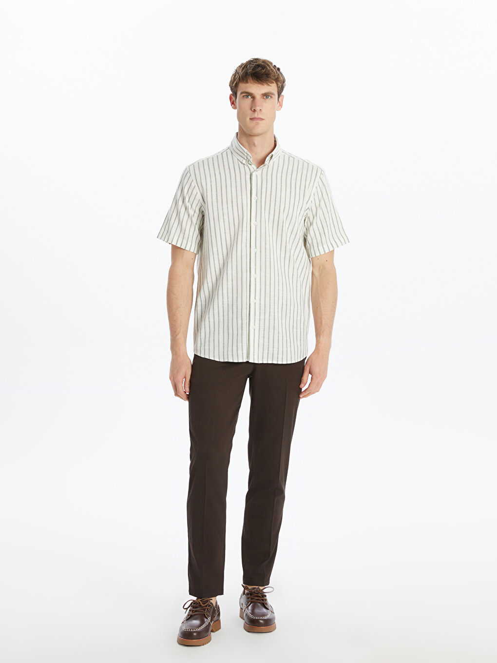 Regular Fit Short Sleeve Striped Poplin Men's Shirt -S5G177Z8-LGE