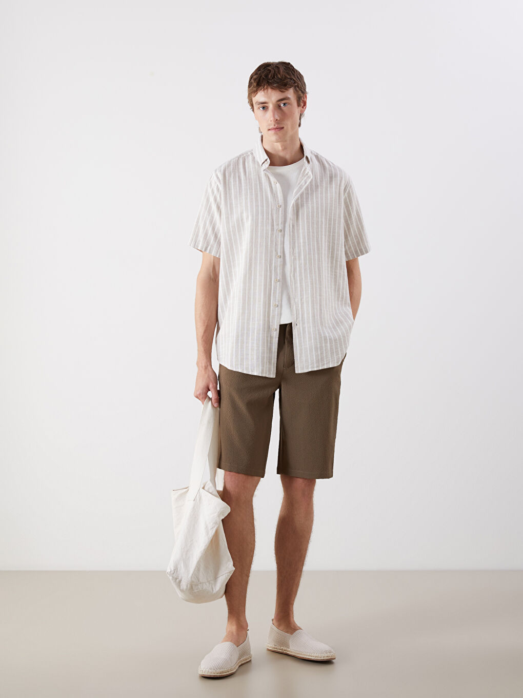 Regular Fit Short Sleeve Striped Poplin Men's Shirt -S5G177Z8-LE8