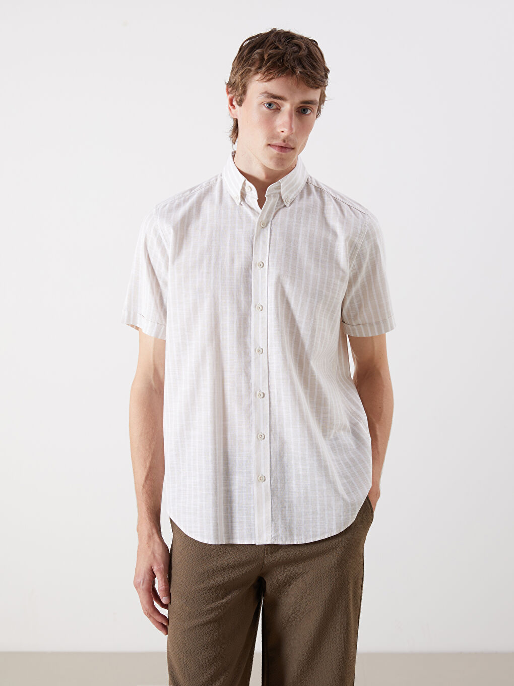 Regular Fit Short Sleeve Striped Poplin Men's Shirt -S5G177Z8-LJX