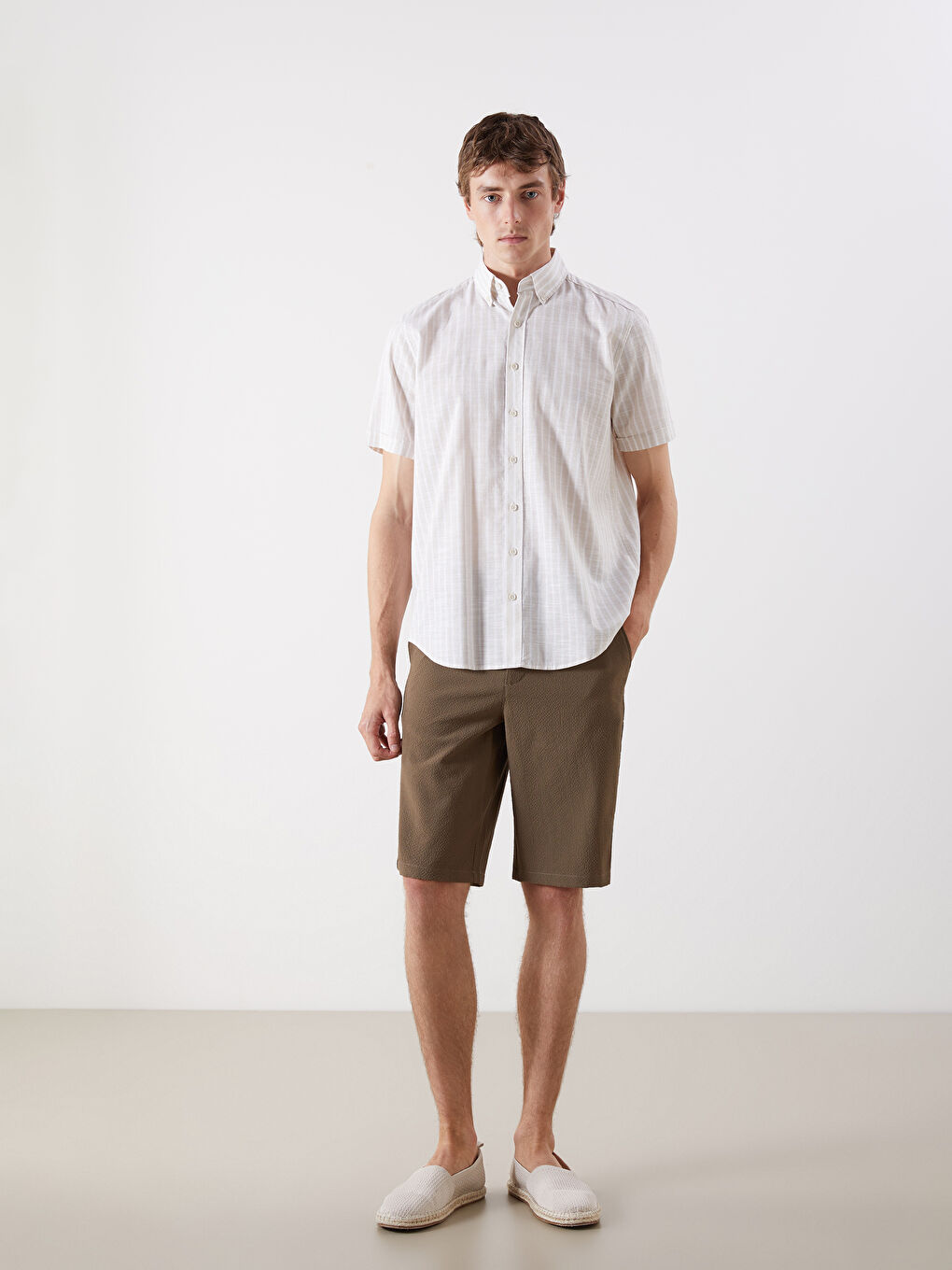 Regular Fit Short Sleeve Striped Poplin Men's Shirt -S5G177Z8-LJX