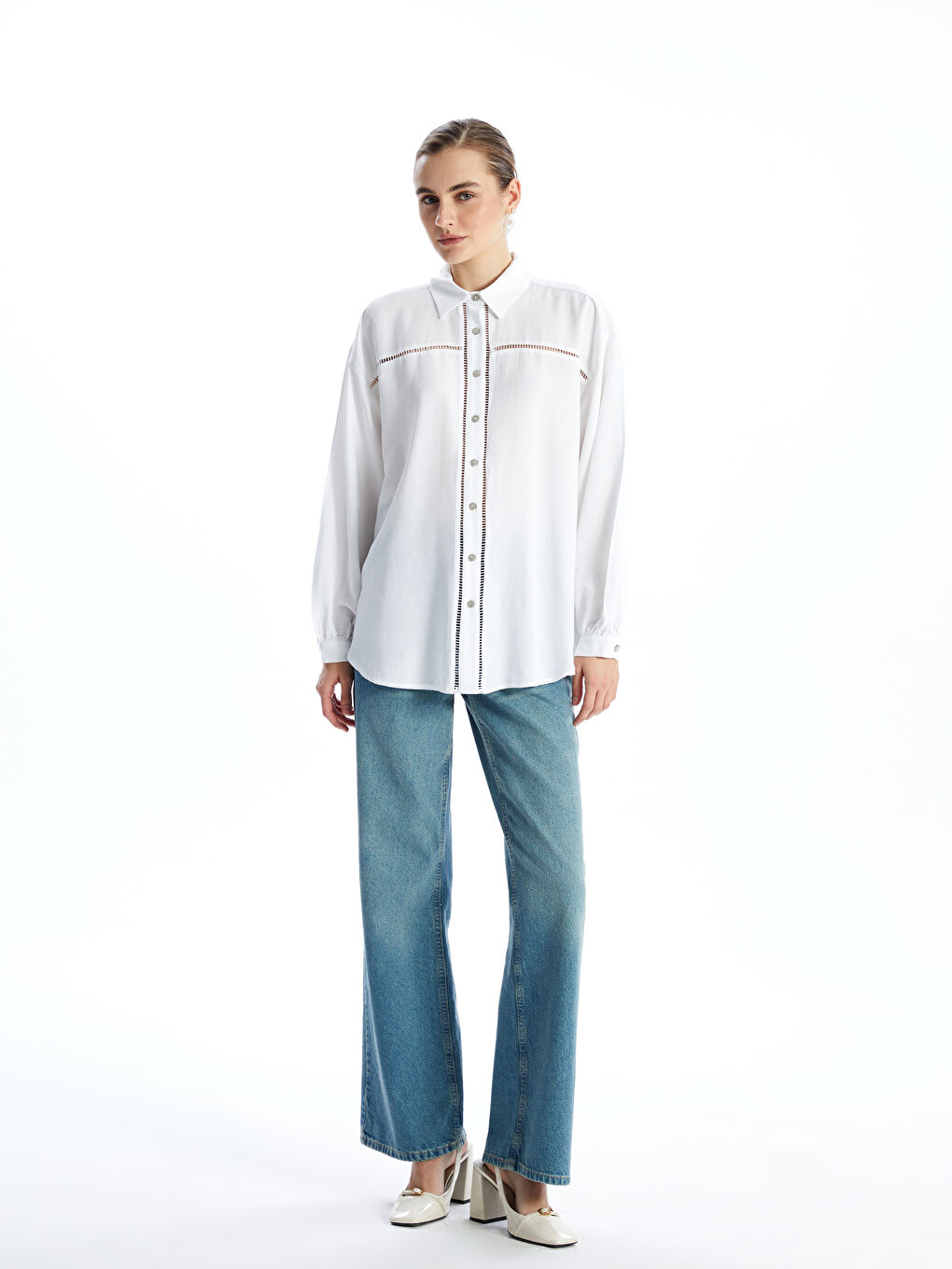 Bej Ajurlu Oversize Keten Karışımlı Kadın Gömlek-1