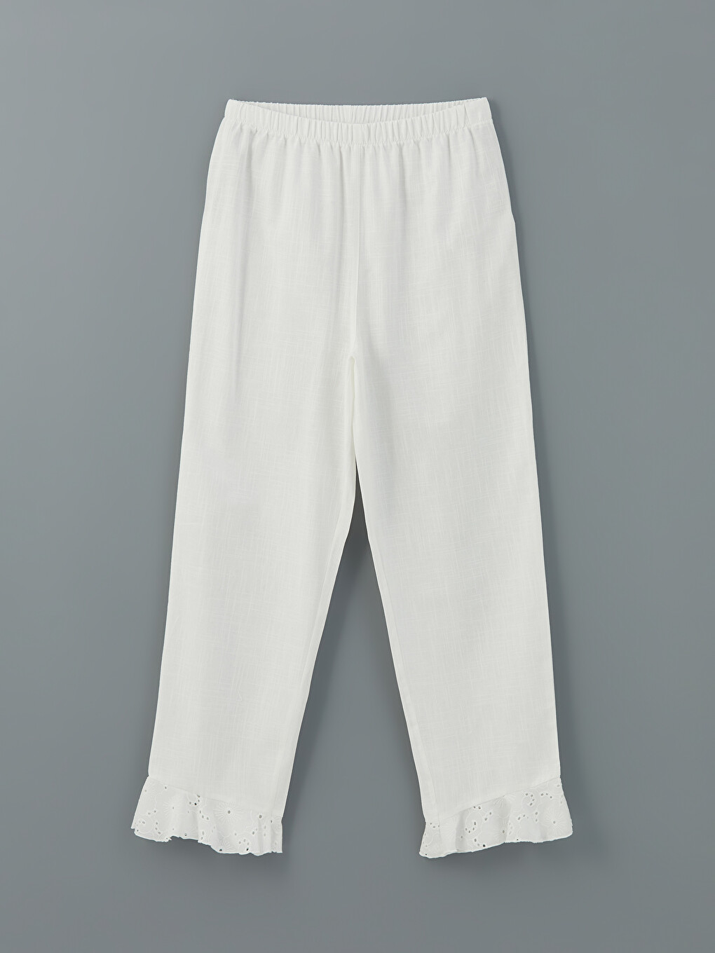 Beyaz Beli Lastikli Nakışlı Kadın Pijama Alt