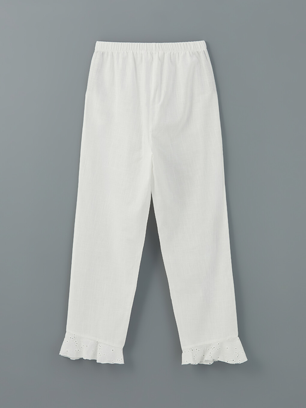 Beyaz Beli Lastikli Nakışlı Kadın Pijama Alt-1
