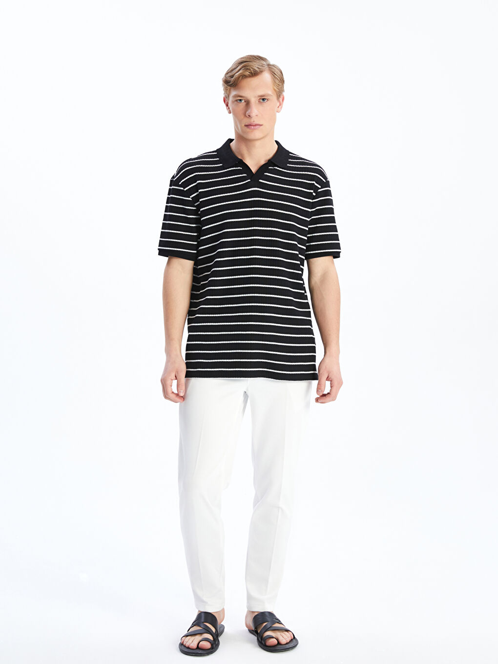 Siyah Polo Yaka Çizgili Erkek Tişört-1
