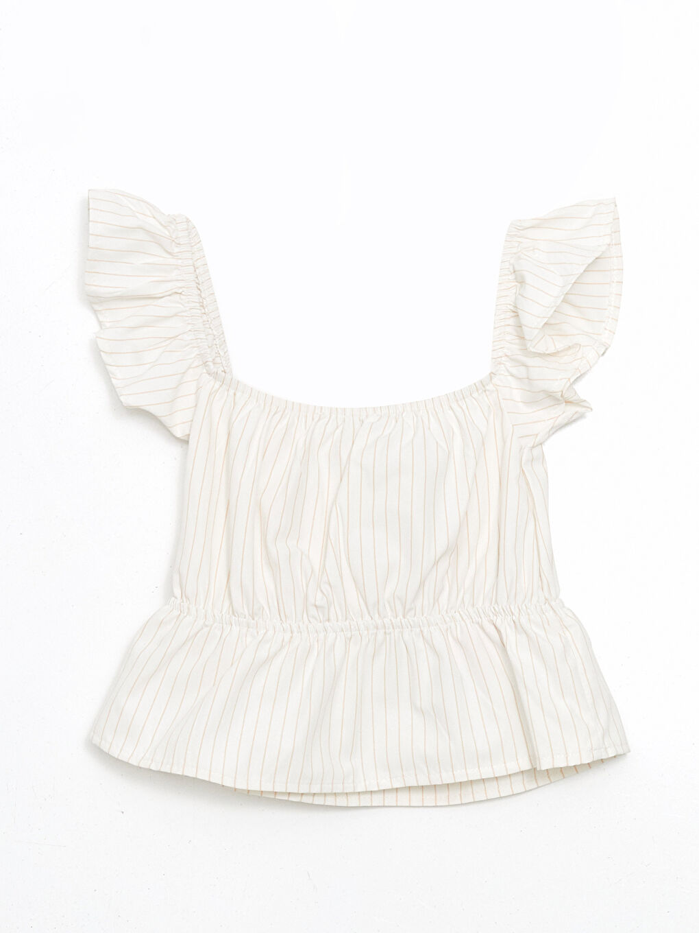 Mercan Kare Yaka Çizgili Fırfırlı Poplin Kız Çocuk Bluz