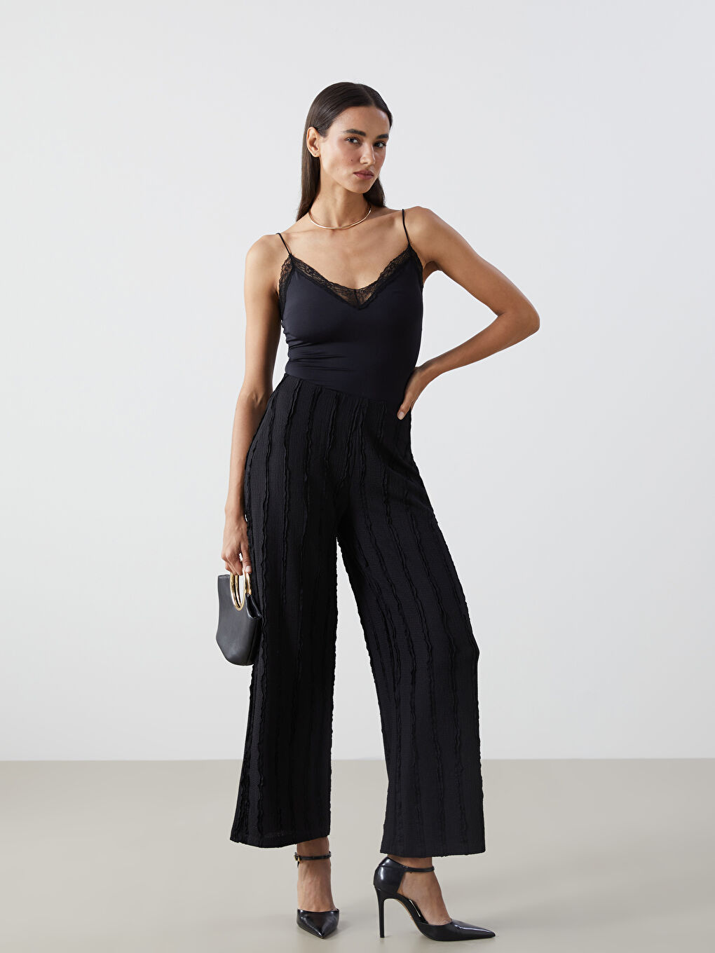 Elastic Waist Textured Wide Leg Women's Trousers -S5G434Z8-CVL