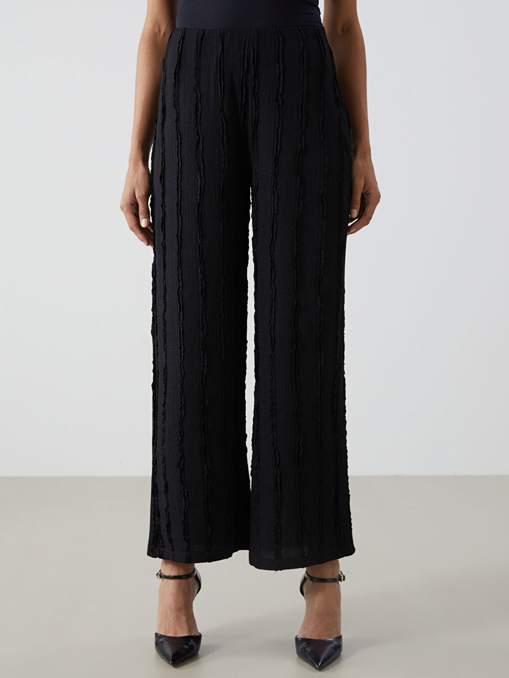 Elastic Waist Textured Wide Leg Women's Trousers -S5G434Z8-CVL