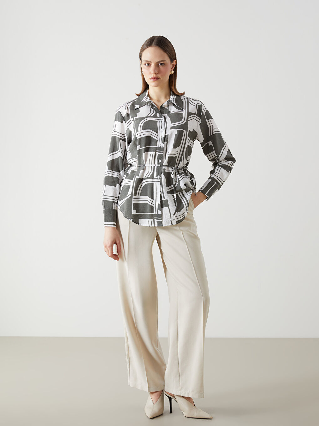 Yeşil Desenli Oversize Kadın Gömlek-1