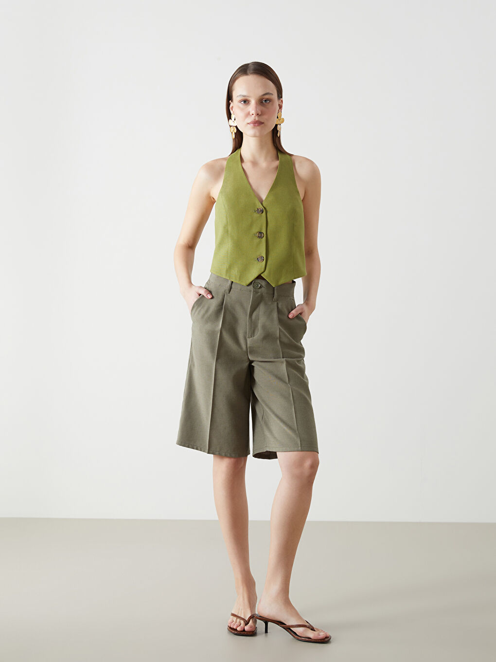 V-Neck Linen Blend Women's Classic Waistcoat -S5G519Z8-VDM