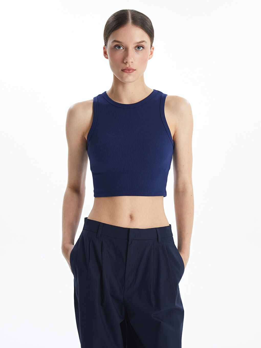 Crew Neck Textured Women's Crop Top -S5G526Z8-HPN