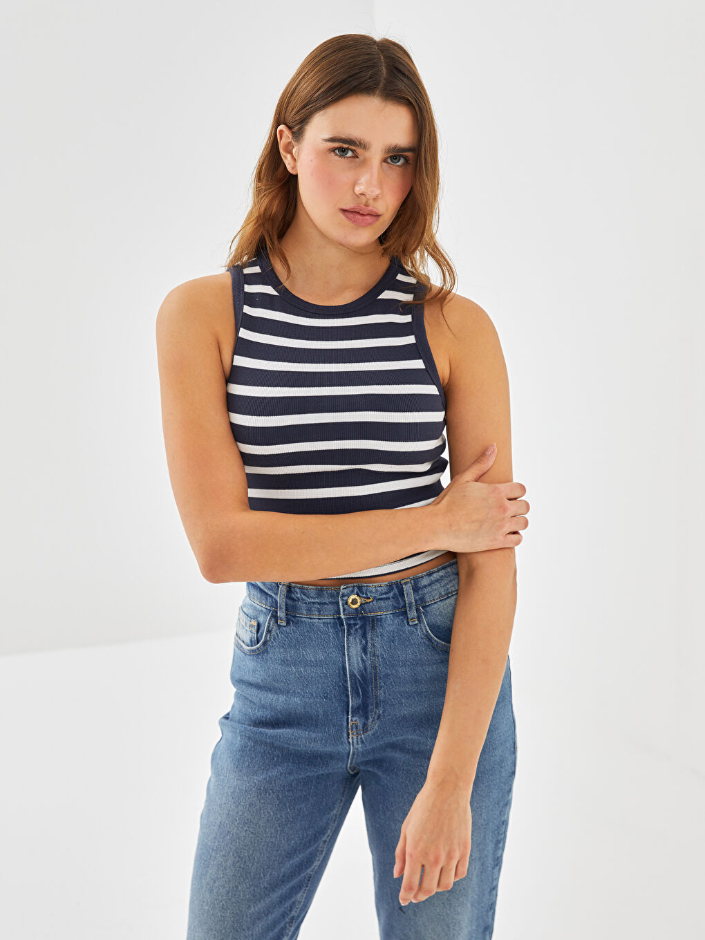 Crew Neck Striped Women's Crop Top -S5G527Z8-LGS