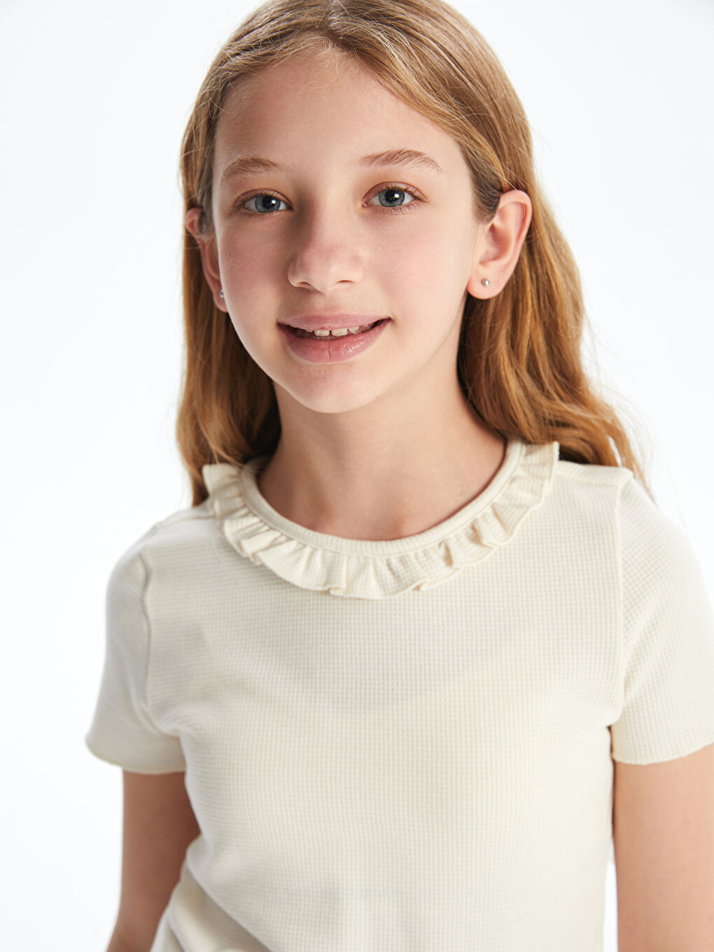 تي شيرت للبنات سادة وافل بكشكشة بياقة دائرية