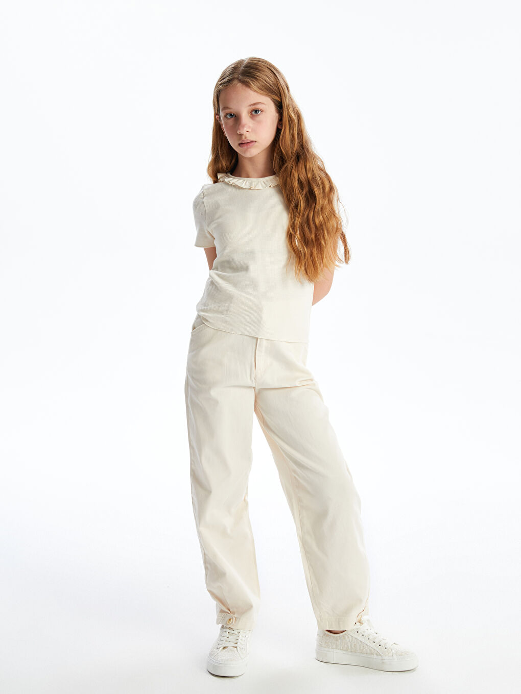 تي شيرت للبنات سادة وافل بكشكشة بياقة دائرية-1