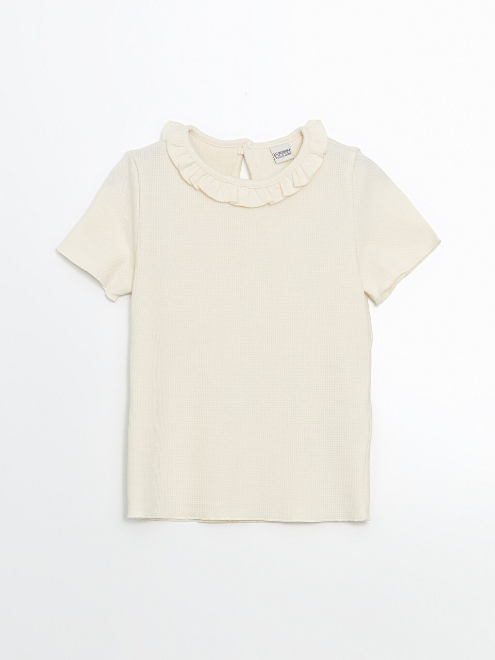 تي شيرت للبنات سادة وافل بكشكشة بياقة دائرية-2