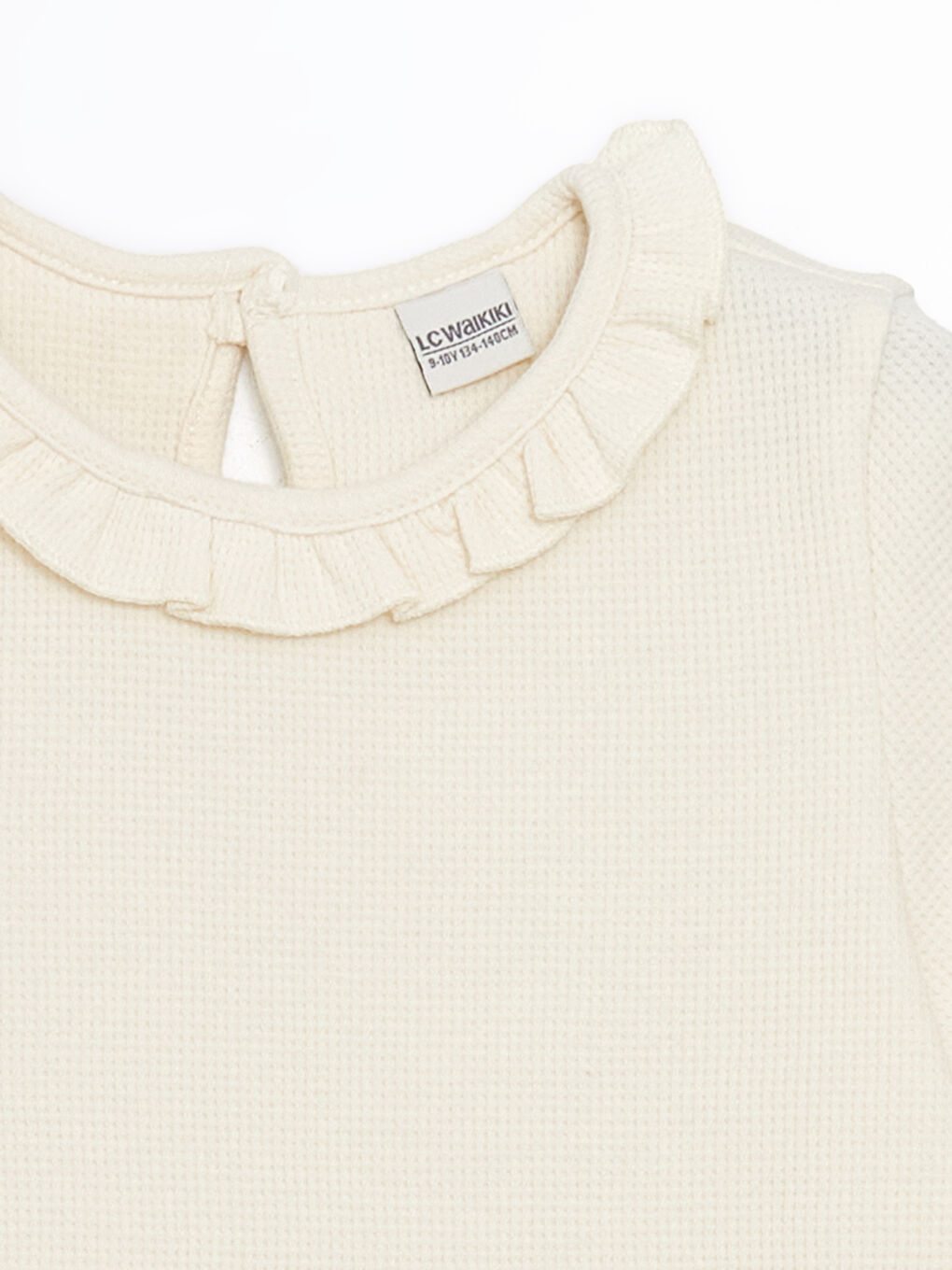 تي شيرت للبنات سادة وافل بكشكشة بياقة دائرية-3