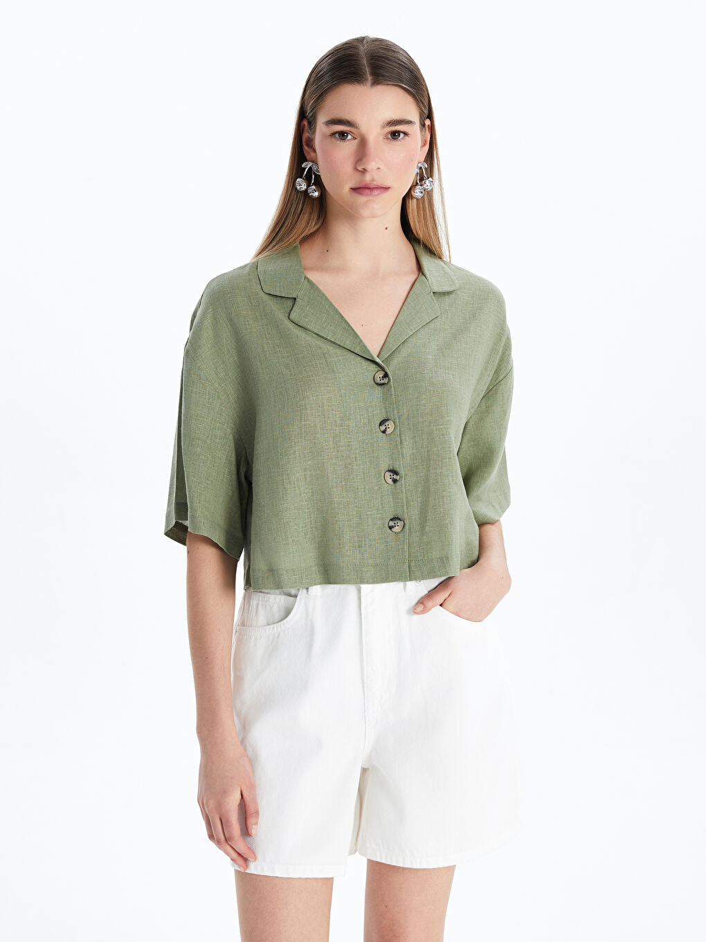 Linen Blend Crop Women's Shirt -S5G654Z8-VVR