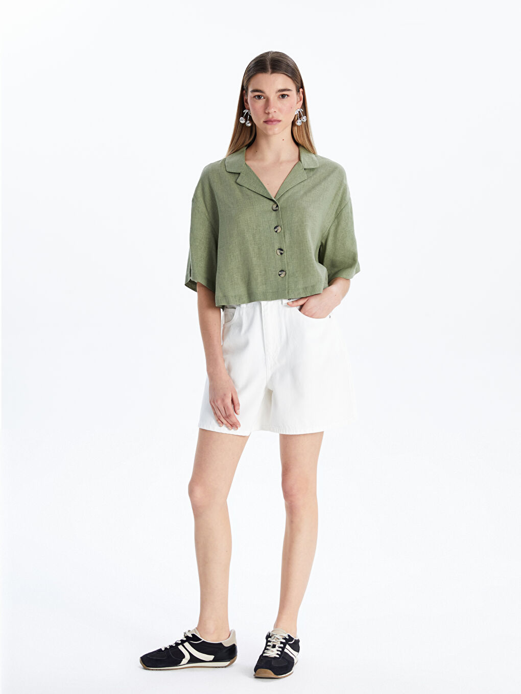 Linen Blend Crop Women's Shirt -S5G654Z8-VVR